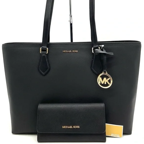 Michael Kors Bag Large Sheila Mf Tote Bag & Large Trifold Wallet Black/Gold - Picture 2 of 14